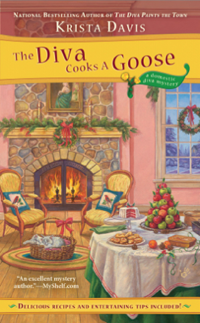 a cozy fireplace with two chairs dcorated for Christmas and a table loaded with holiday foods